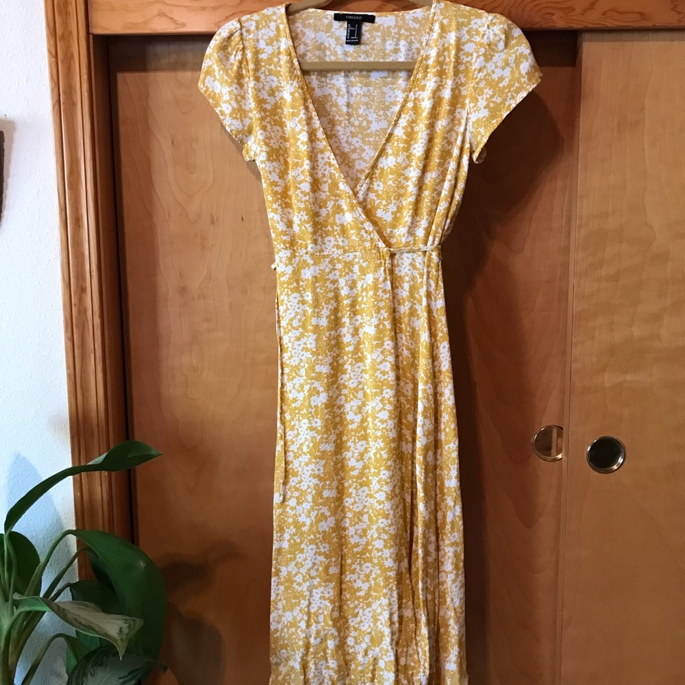Yellow floral wrap midi dress